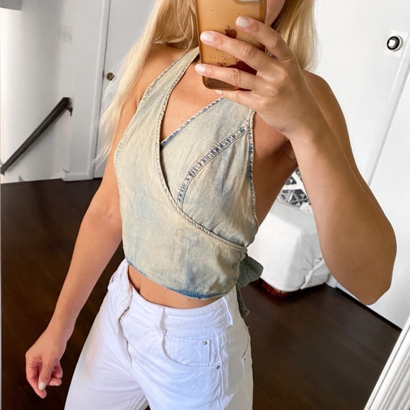 π ZARA DENIM ACID WASH HALTER STYLE BACK TIE CROP TOP! - Picture 2 of 15
